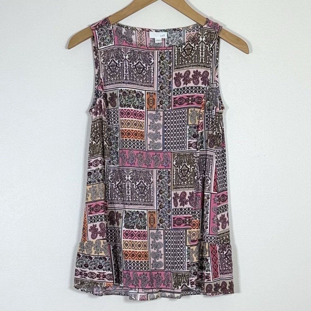 J Jill Womens Patchwork Sleeveless Top XS Pink Floral Paisley Boho Scarf Artsy